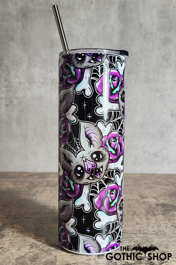 Bat Purple Rose Cobweb Tattoo Black Gothic Halloween Skinny Tumbler