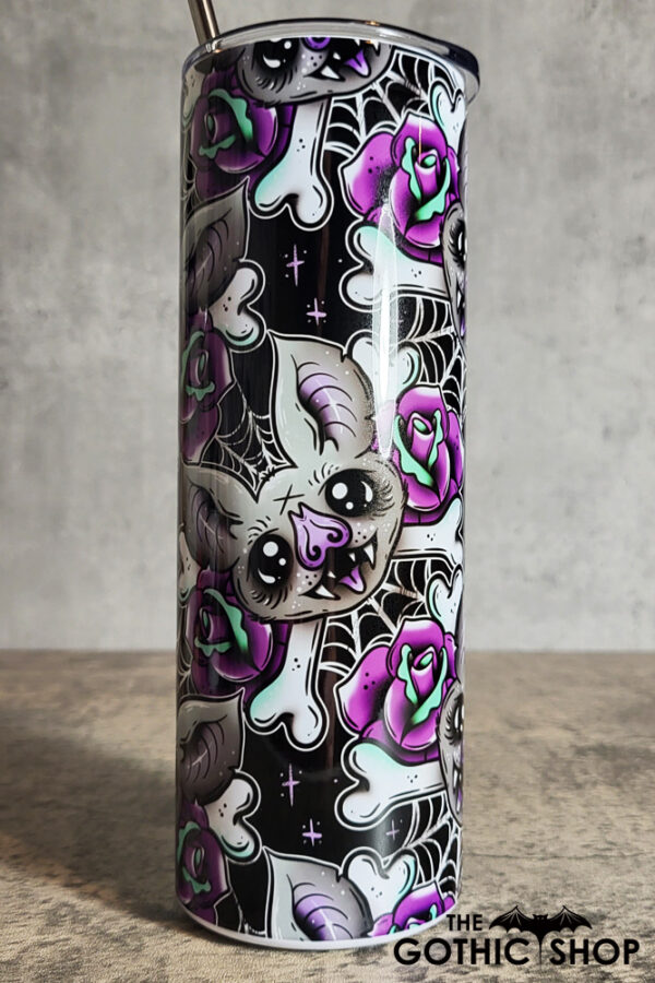 Bat Purple Rose Cobweb Tattoo Black Gothic Halloween Skinny Tumbler