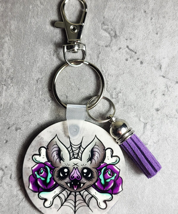 Bat Purple Roses Round Gothic Keyring