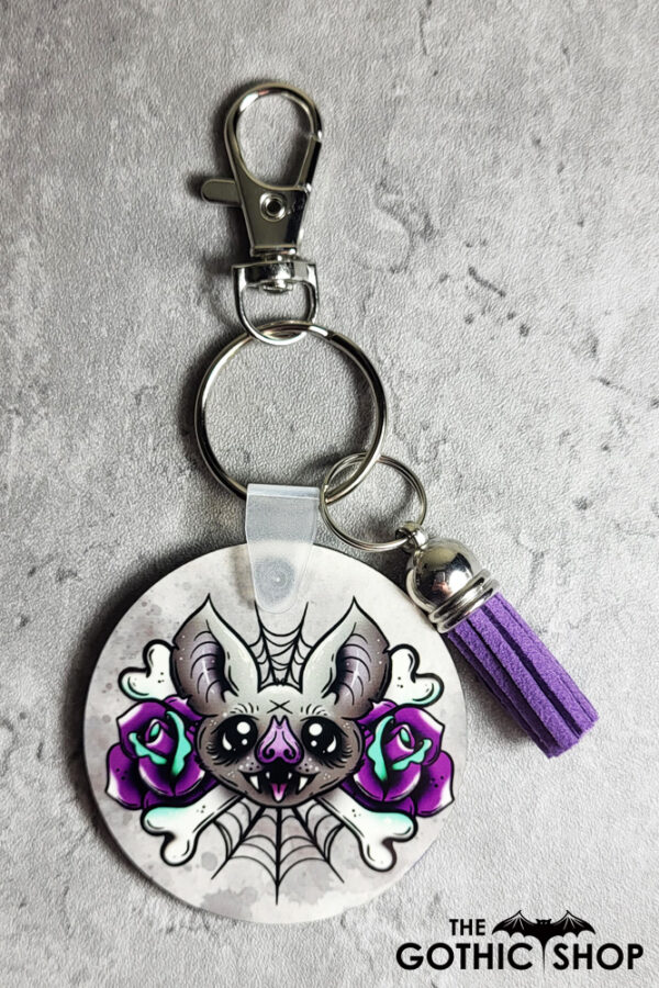 Bat Purple Roses Round Gothic Keyring