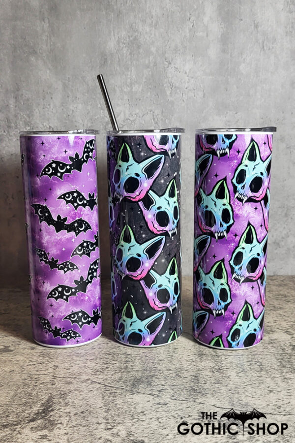 Bats and skull cats spooky gothic tumblers