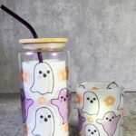 Ghost & Flowers Halloween Libbey Glass Jar and Candle Holder
