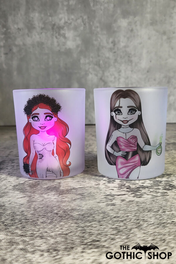 Zombie Bride and Sally Halloween Frosted Glass T-Light Candle Holder