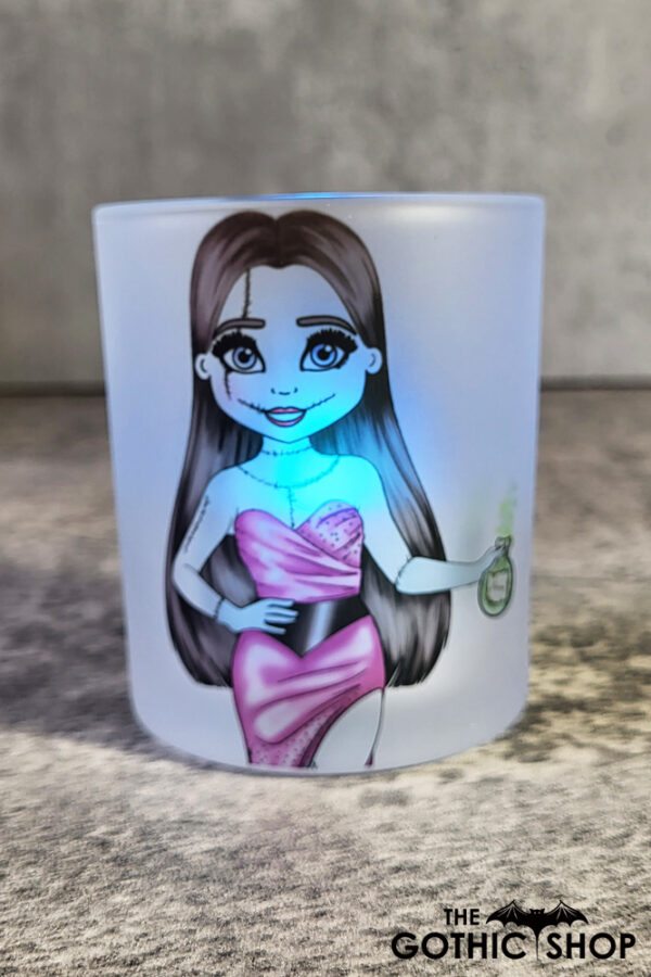 Stitched Up Sally Halloween Frosted Glass T-Light Candle Holder