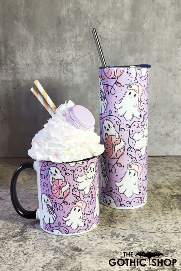 Christmas Lights Pink Ghosties Lavendar Gothic Halloween Mug and Tumbler