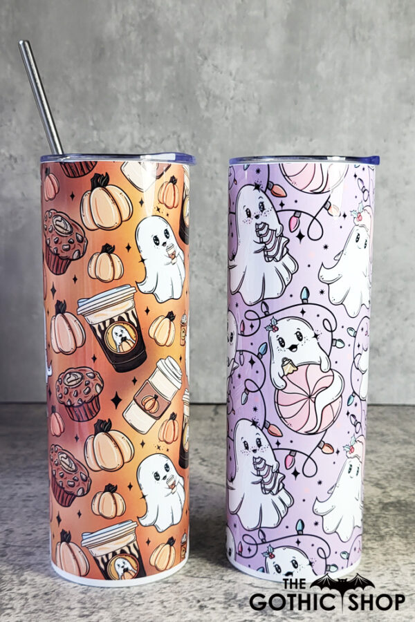 Ghosties Pumpkin Spice Ghostbucks and Christmas Ghosties Gothic Halloween Skinny Tumblers