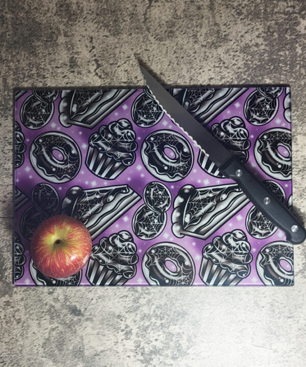 Spooky Bakes Cakes Purple Gothic Glass Chopping Board
