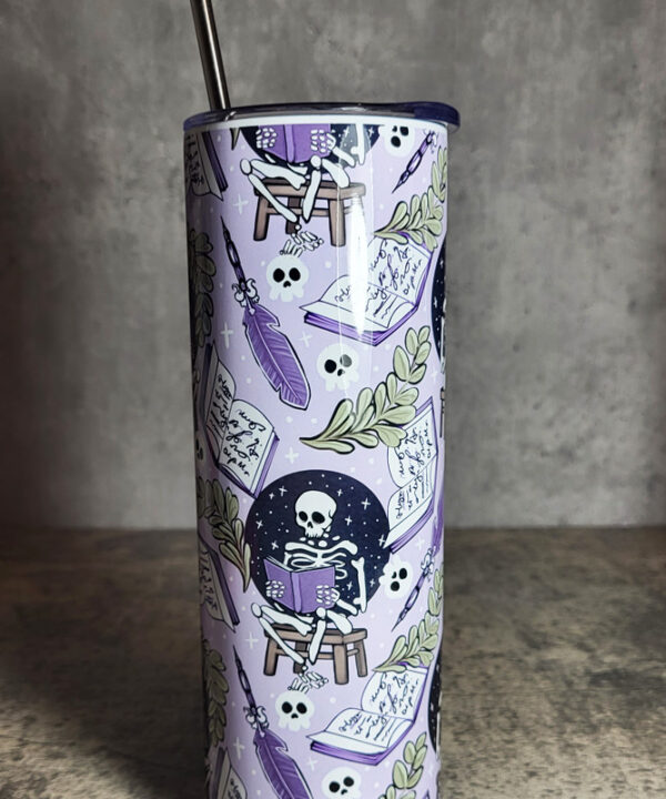 Skeleton Reading Lilac Purple Gothic Skinny Tumbler