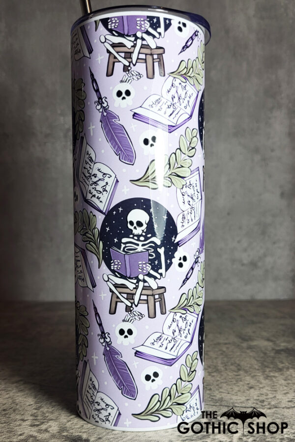 Skeleton Reading Lilac Purple Gothic Skinny Tumbler