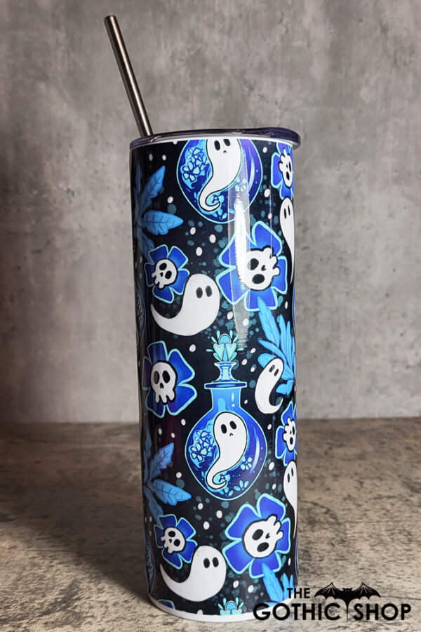 Ghost Potions & Skull Flowers Blue Gothic Skinny Tumbler