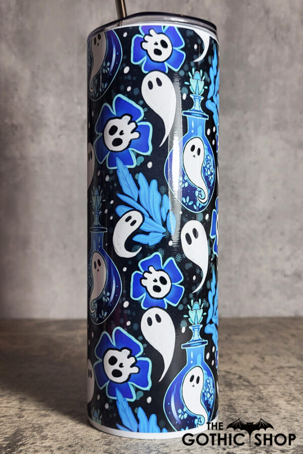 ghost potions & skull flowers blue gothic 20oz straight tumbler preorder