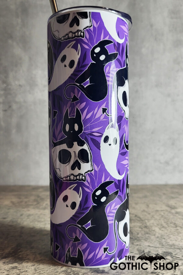 Spooky Demon Cats & Ghosts Purple Gothic Skinny Tumbler