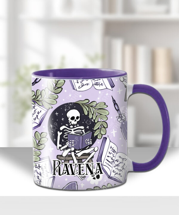 skeleton reading lilac purple gothic halloween mug