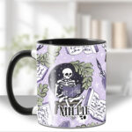 skeleton reading lilac purple gothic halloween mug