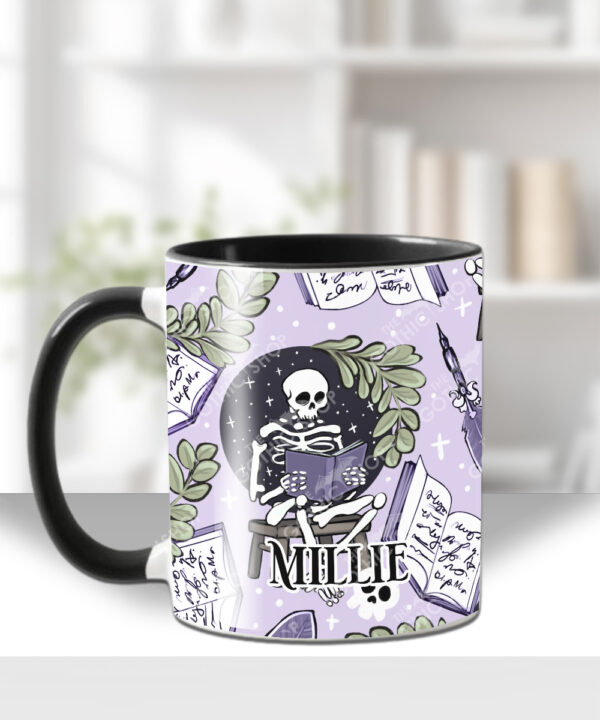 skeleton reading lilac purple gothic halloween mug