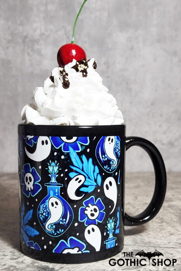 Ghost Potions & Skull Flowers Blue Gothic Halloween Mug