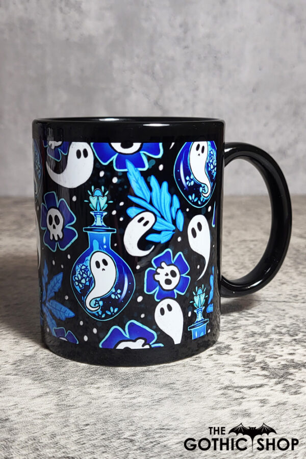 Ghost Potions & Skull Flowers Blue Gothic Halloween Mug