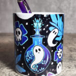 Ghost Potions & Skull Flowers Blue Gothic Print Pen Pot