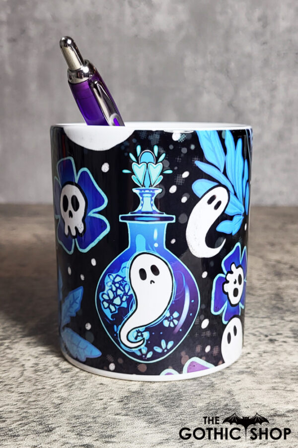Ghost Potions & Skull Flowers Blue Gothic Print Pen Pot