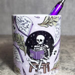 Skeleton Reading Lilac Purple Gothic Print Pen Pot