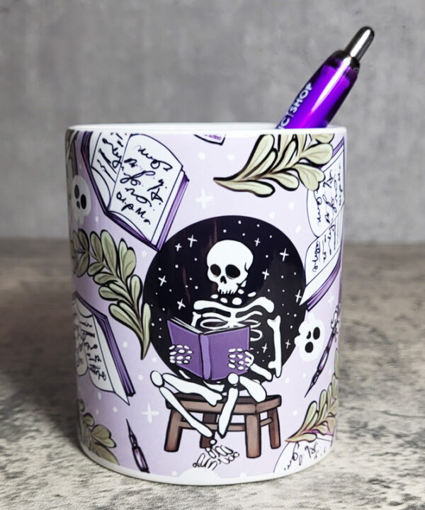 Skeleton Reading Lilac Purple Gothic Print Pen Pot
