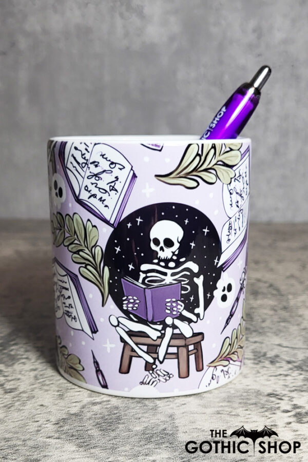 Skeleton Reading Lilac Purple Gothic Print Pen Pot