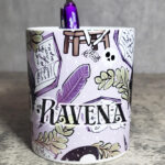 skeleton reading lilac purple gothic print pen pot with option to personalise