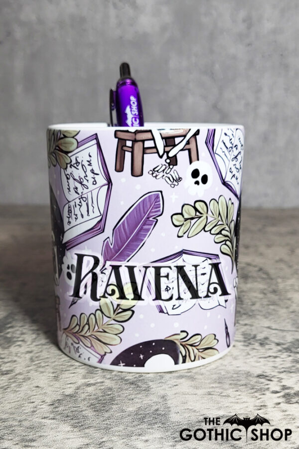 skeleton reading lilac purple gothic print pen pot with option to personalise