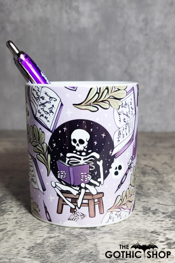 Skeleton Reading Lilac Purple Gothic Print Pen Pot
