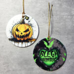 Orange spooky pumpkin and Blegh Humbug Green Heart Round Gothic Hanging Ceramic Decoration