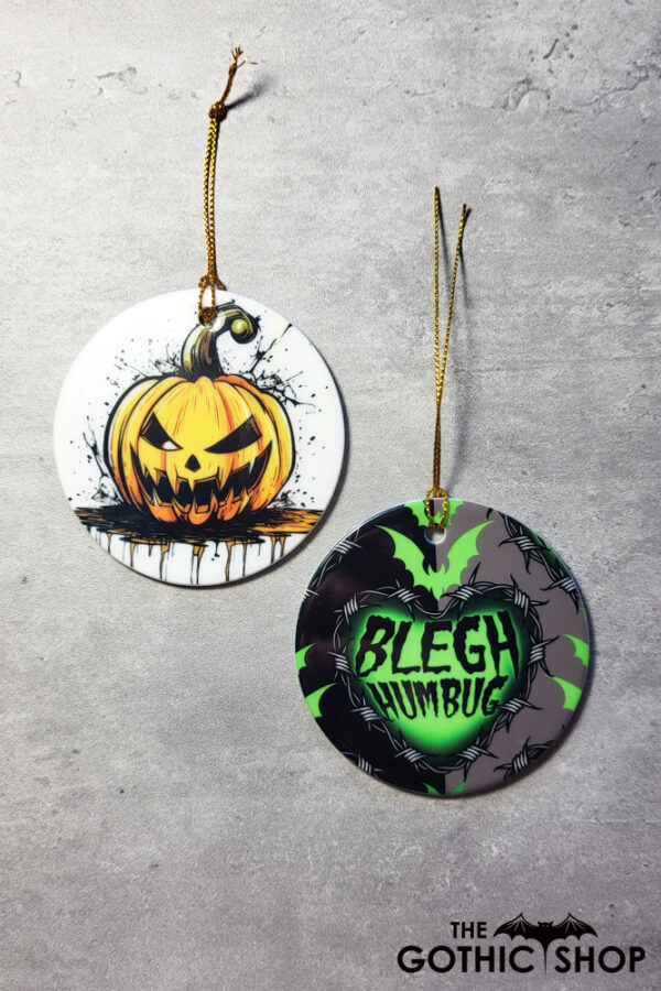 Orange spooky pumpkin and Blegh Humbug Green Heart Round Gothic Hanging Ceramic Decoration