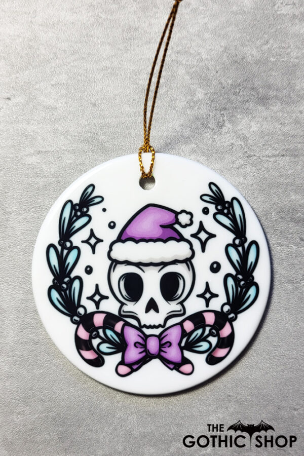 Purple Santa Skull Round Gothic Hanging Ceramic Decoration