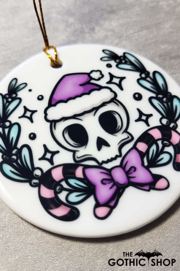 Purple Santa Skull Round Gothic Hanging Ceramic Decoration