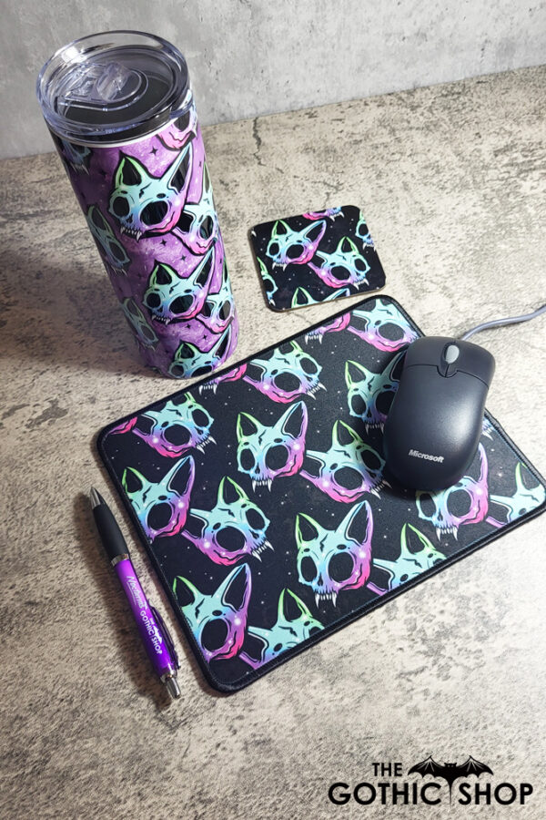 Neon Skele Cats Skull Gothic Print Mouse Mat, tumbler and coaster.