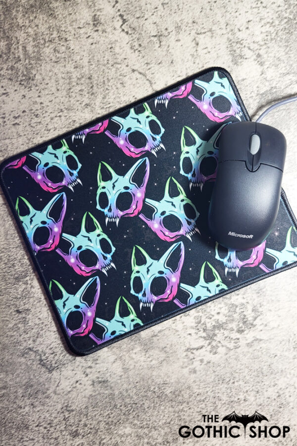 Neon Skele Cats Skull Gothic Print Mouse Mat