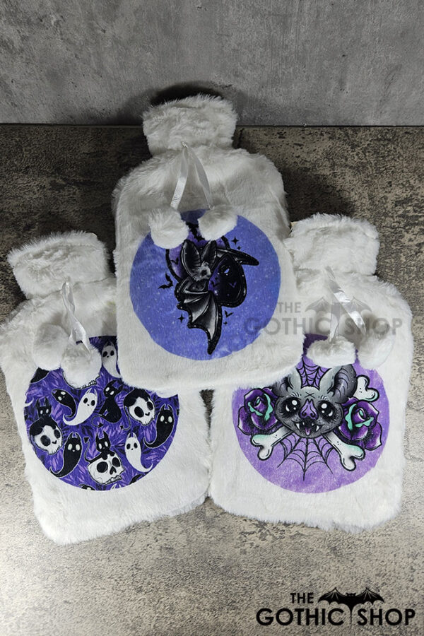 Gothic and halloween print Hot water bottles with plush covers.