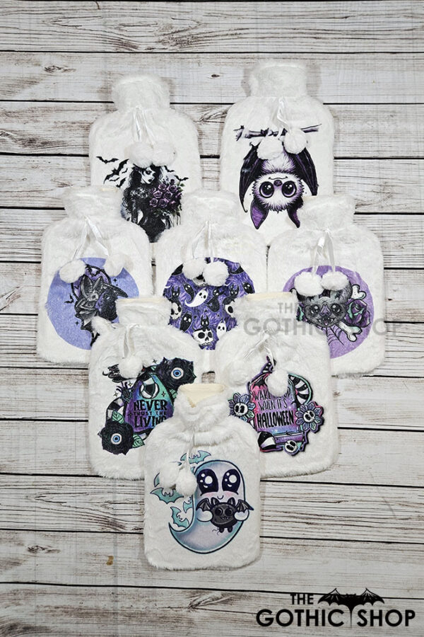 Gothic and halloween print Hot water bottles with plush covers.