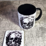Flower Skull Black White Gothic Square Glossy Coaster and Mug