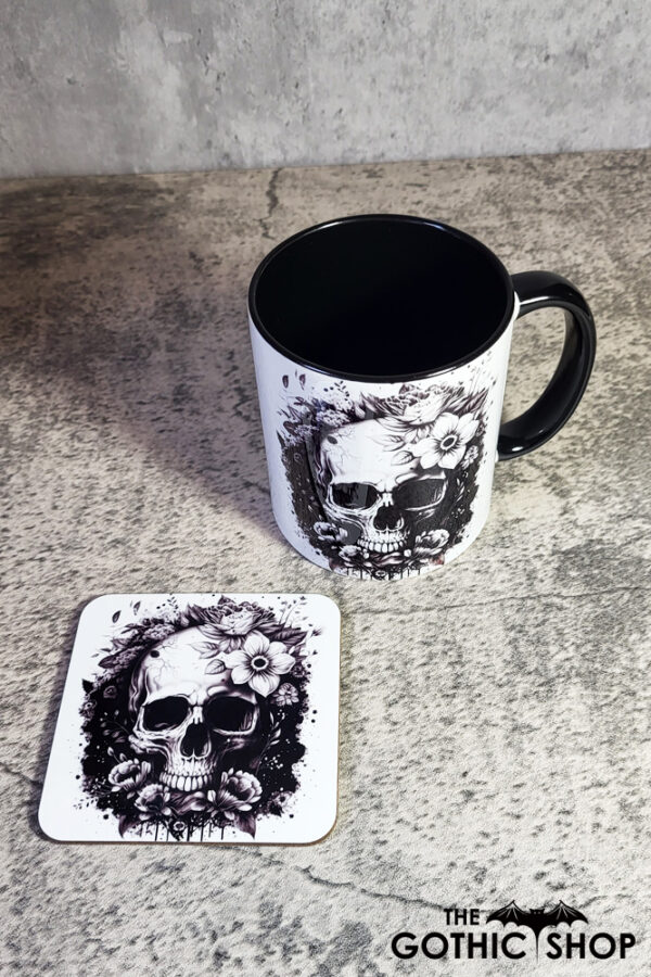 Flower Skull Black White Gothic Square Glossy Coaster and Mug