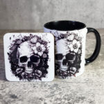 Flower Skull Black White Gothic Square Glossy Coaster and Mug