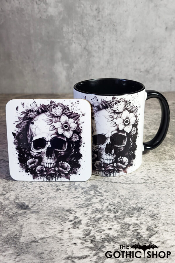 Flower Skull Black White Gothic Square Glossy Coaster and Mug