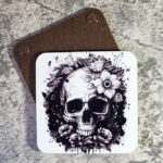 Flower Skull Black White Gothic Square Glossy Coaster