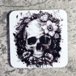 Flower Skull Black White Gothic Square Glossy Coaster