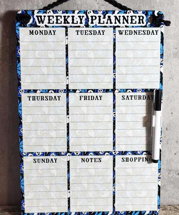 Ghost Potions & Skull Flowers Blue Weekly Planner Whiteboard Metal Sign