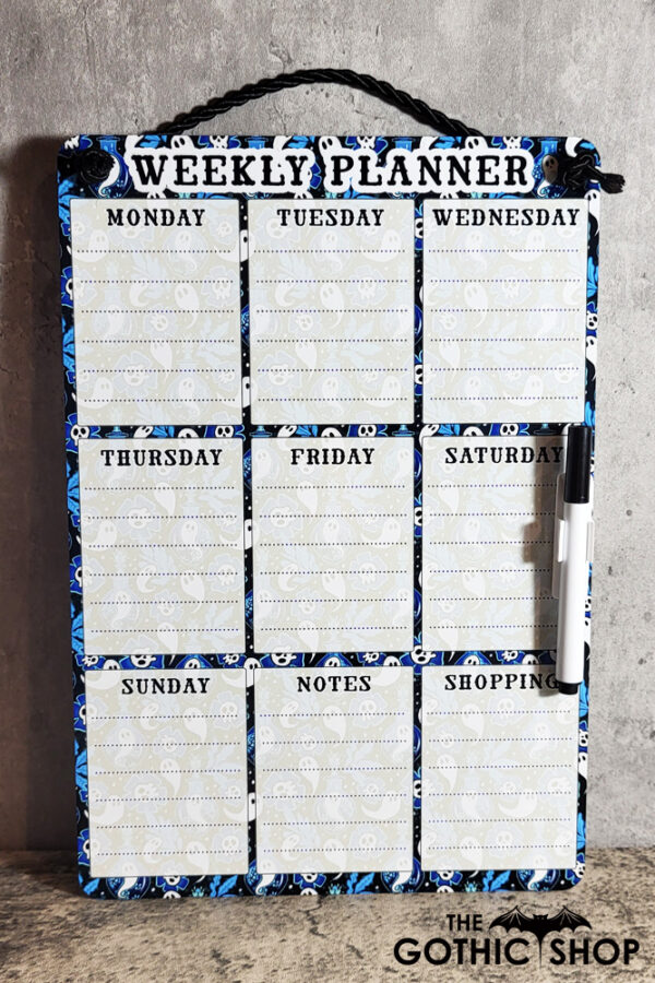 Ghost Potions & Skull Flowers Blue Weekly Planner Whiteboard Metal Sign