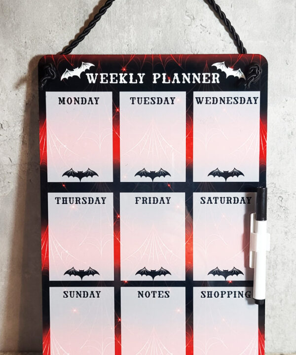 Bats Red Cobwebs Weekly Planner Whiteboard Metal Sign
