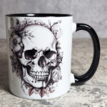 Floral Skull Black White Gothic Print Ceramic Mug with Black Handle