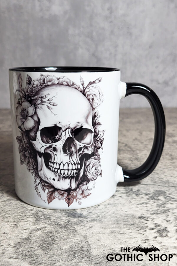 Floral Skull Black White Gothic Print Ceramic Mug with Black Handle