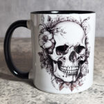 Floral Skull Black White Gothic Print Ceramic Mug with Black Handle