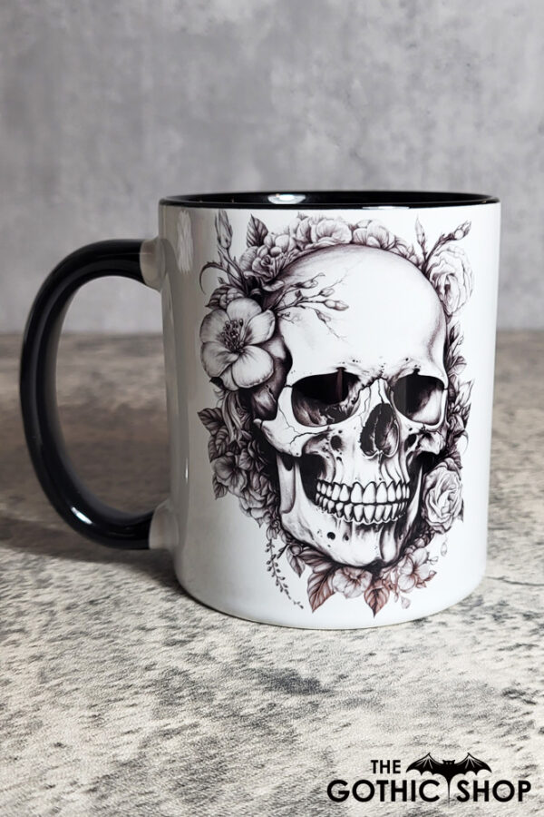 Floral Skull Black White Gothic Print Ceramic Mug with Black Handle